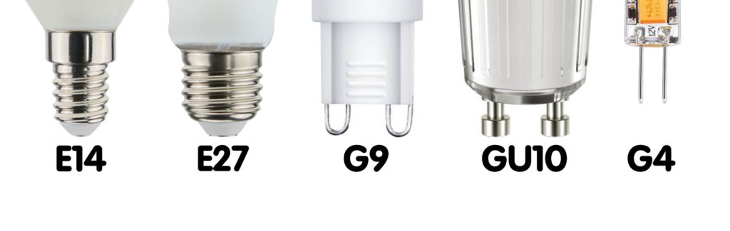 Bild på de olika socklarna på Elvitas led lampor. E14, E27, G9, GU10 och G4.